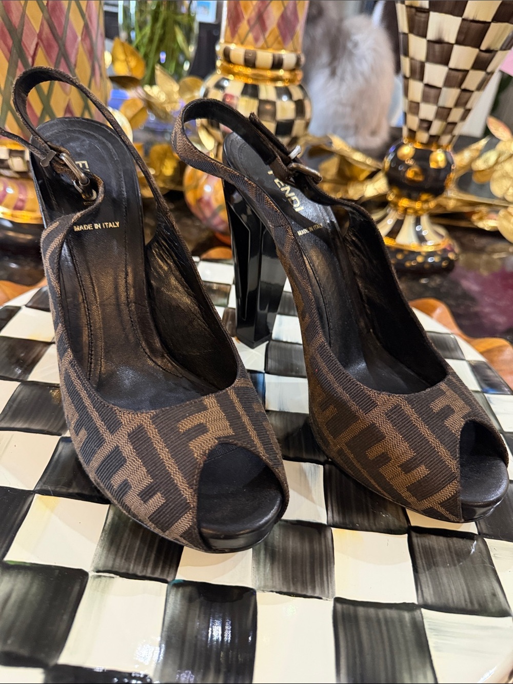 Fendi Brown FF Logo Peep-Toe Slingback Heels
   (No box )